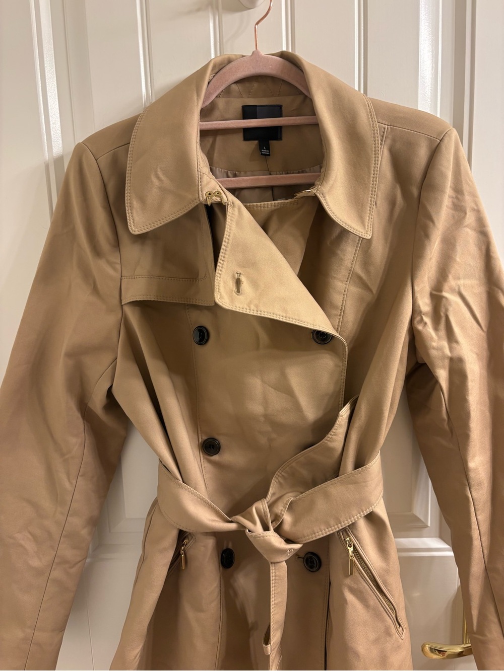 The Limited NWT | Tan Belted Short Trench Coat Rain Jacket Size L Classic Style - Picture 6 of 11